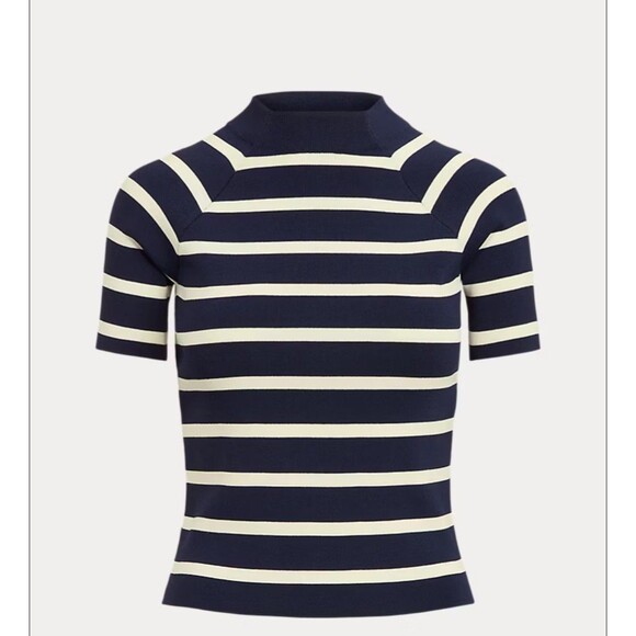 Lauren Ralph Women’s Striped Short-Sleeve Sweater French Navy/Mascarpone XL - Picture 3 of 8